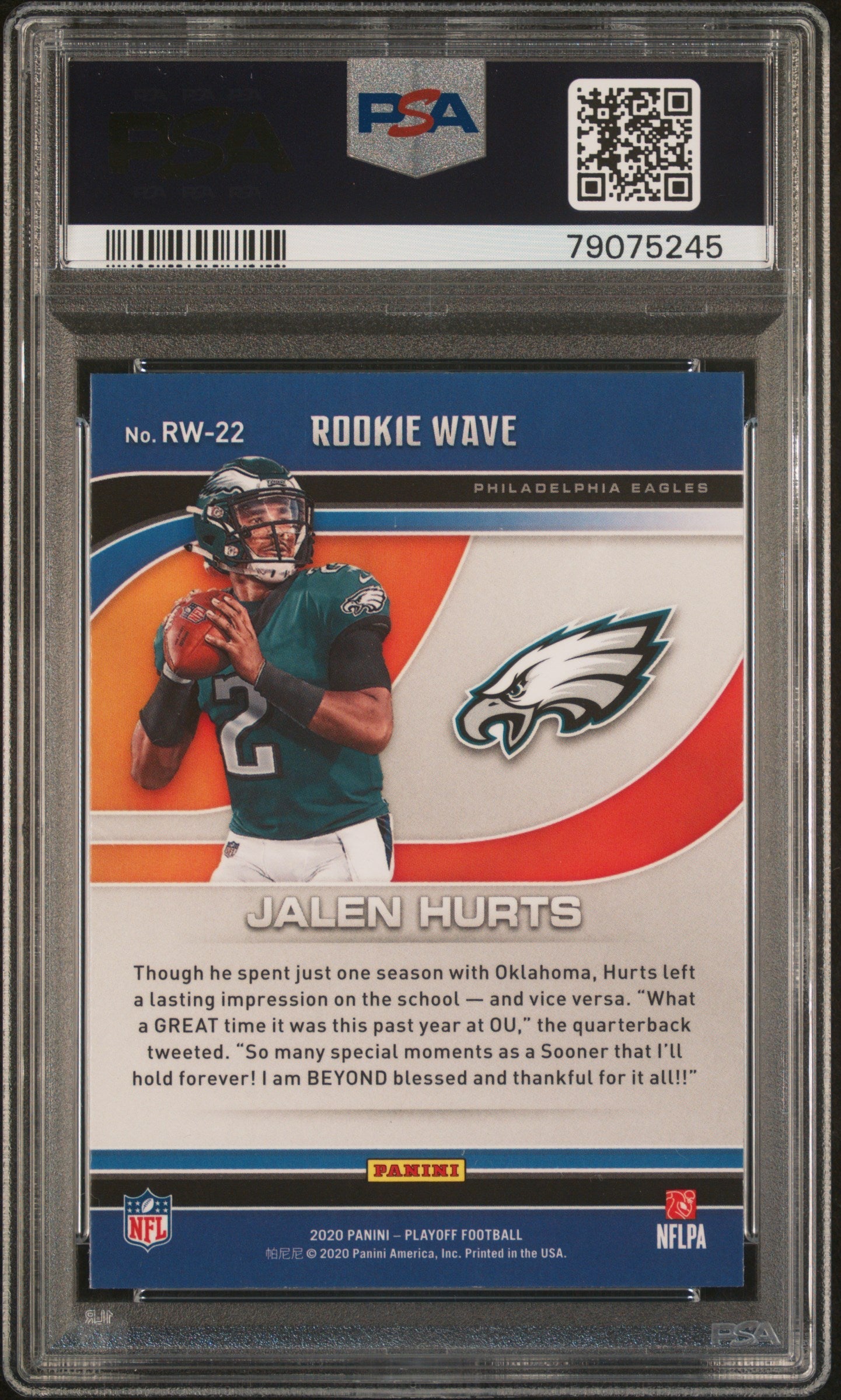 Graded 2020 Panini Playoff Jalen Hurts #RW22 Rookie Wave Rookie RC Football Card PSA 10 Gem Mint