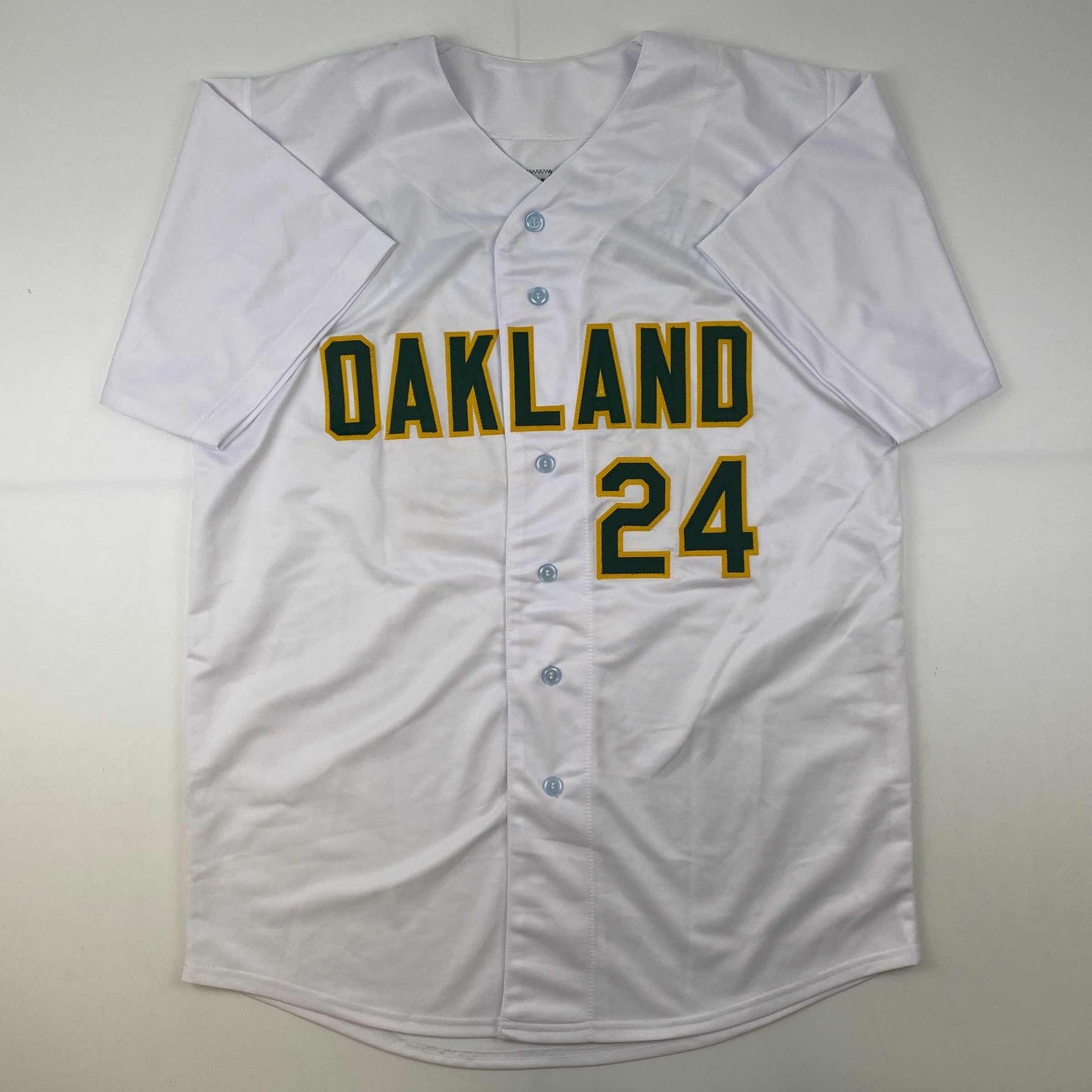 Autographed/Signed Rickey Henderson Oakland White Baseball Jersey Beckett BAS COA