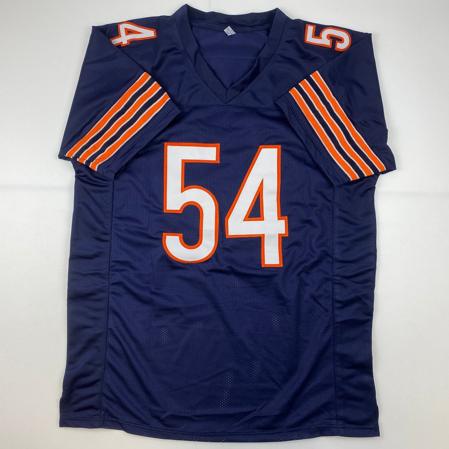 Autographed/Signed Brian Urlacher HOF 18 Chicago Blue Football Jersey Beckett BAS COA