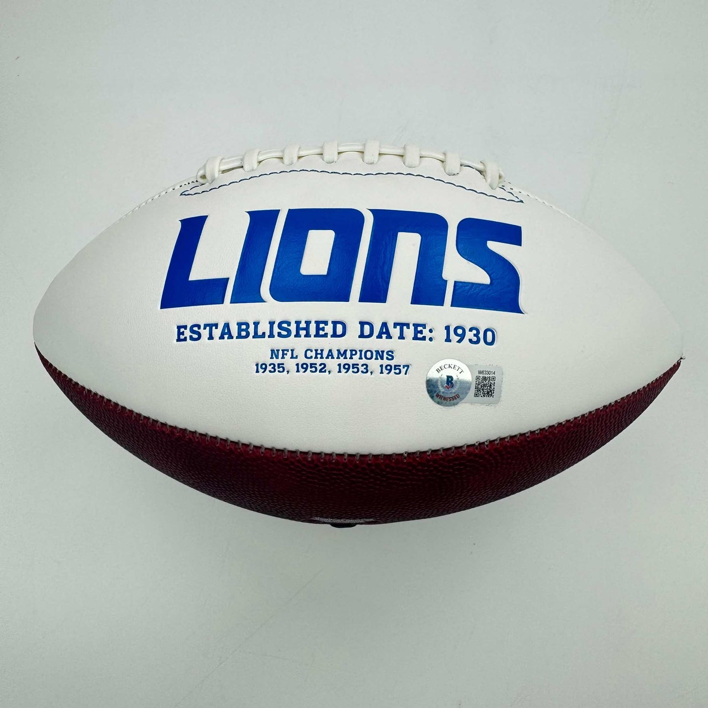 Autographed/Signed Calvin Johnson Detroit Lions Full Size F/S White Panel Logo Football Beckett COA