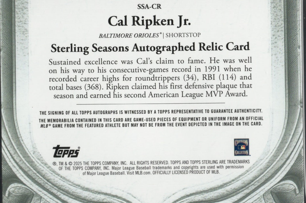 2025 Topps Sterling Cal Ripken Jr #SSACR Sterling Seasons 1991 Relic Auto /25 Baltimore Orioles Baseball Card