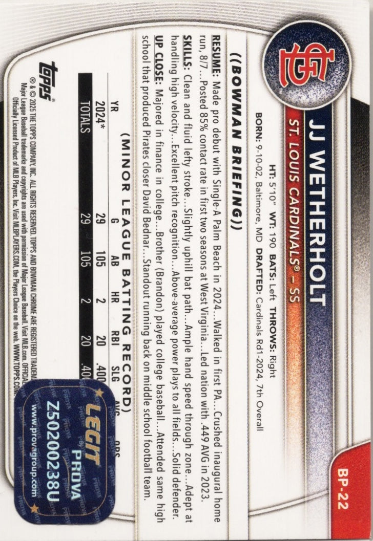 2025 Topps Bowman JJ Wetherholt #BP22 Signed St Louis Cardinals Rookie RC Baseball Card