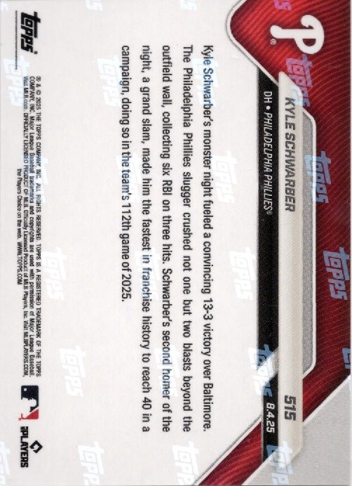 2025 Topps Now Kyle Schwarber #515 Gold Foil /50 Philadelphia Phillies Baseball Card