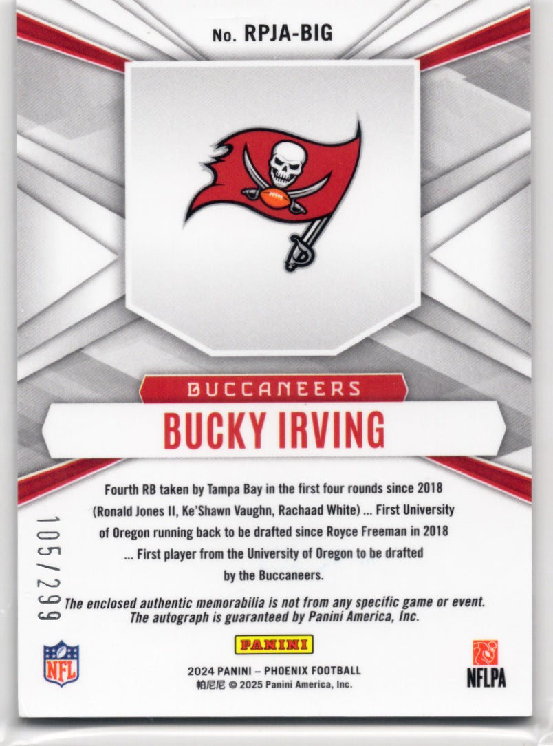 2024 Panini Phoenix Bucky Irving #RPJABIG Silver Rookie Phenom Patch Autograph /299 Rookie RC Football Card