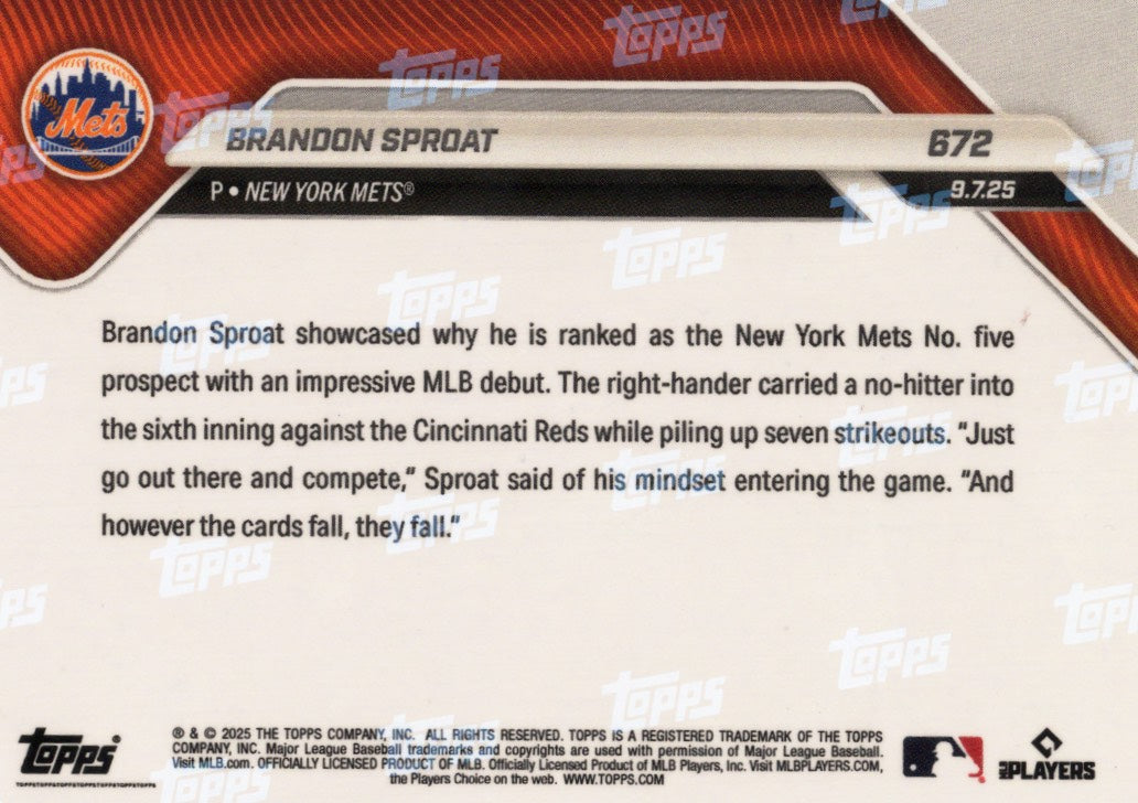 2025 Topps Now Brandon Sproat #672 Superfractor 1/1 New York Mets Rookie RC Baseball Card