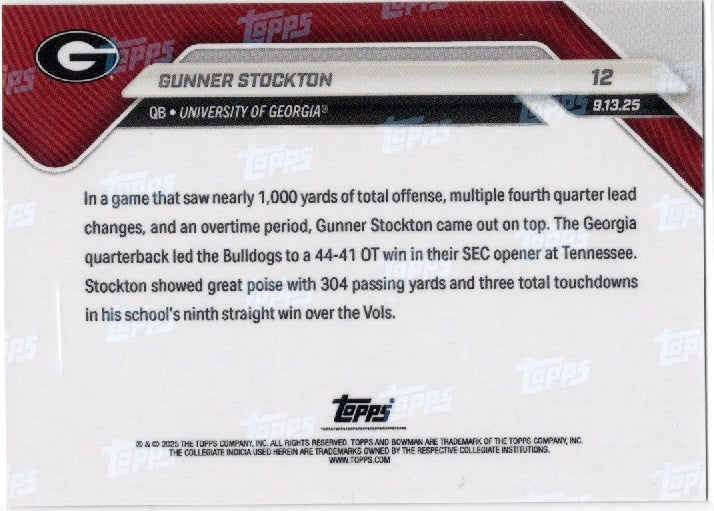 2025 Topps Bowman U Now Gunner Stockton #12 Orange Foil /25 Georgia Bulldogs Rookie RC Football Card