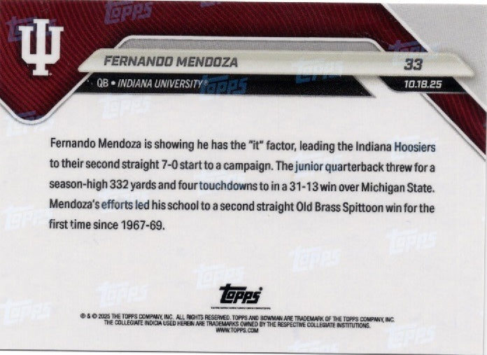 2025 Topps Bowman U Now Fernando Mendoza #33 Black Foil /10 Indiana Hoosiers Rookie RC Football Card
