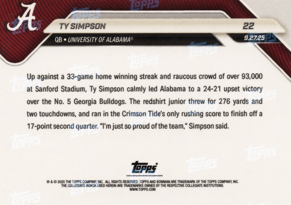 2025 Topps Bowman U Now Ty Simpson #22 Orange Foil /25 Alabama Crimson Tide Rookie RC Football Card