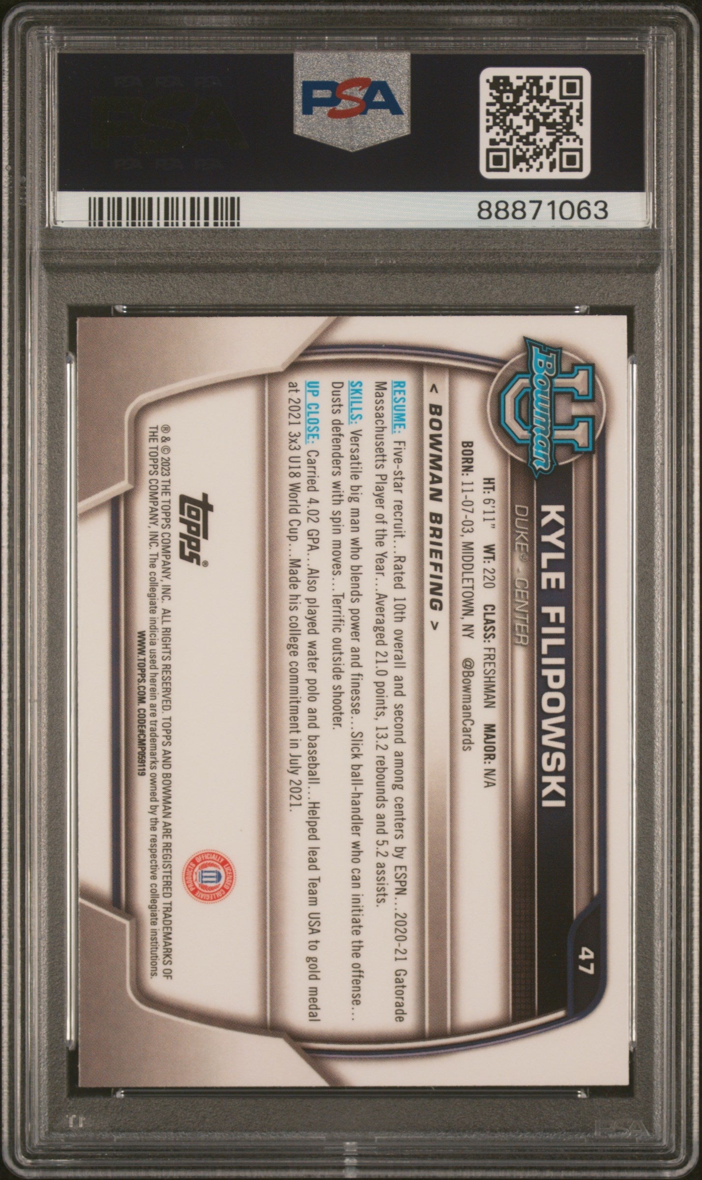 Graded 2022 Topps Bowman University Kyle Filipowski #47 Rookie RC Basketball Card PSA 10 Gem Mint - Golden Apple Comics