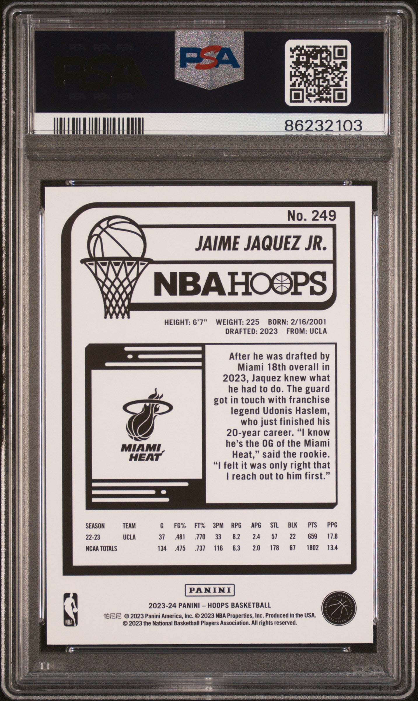 Graded 2023 Panini Hoops Jaime Jaquez Jr #249 Rookie RC Basketball Card PSA 10 Gem Mint