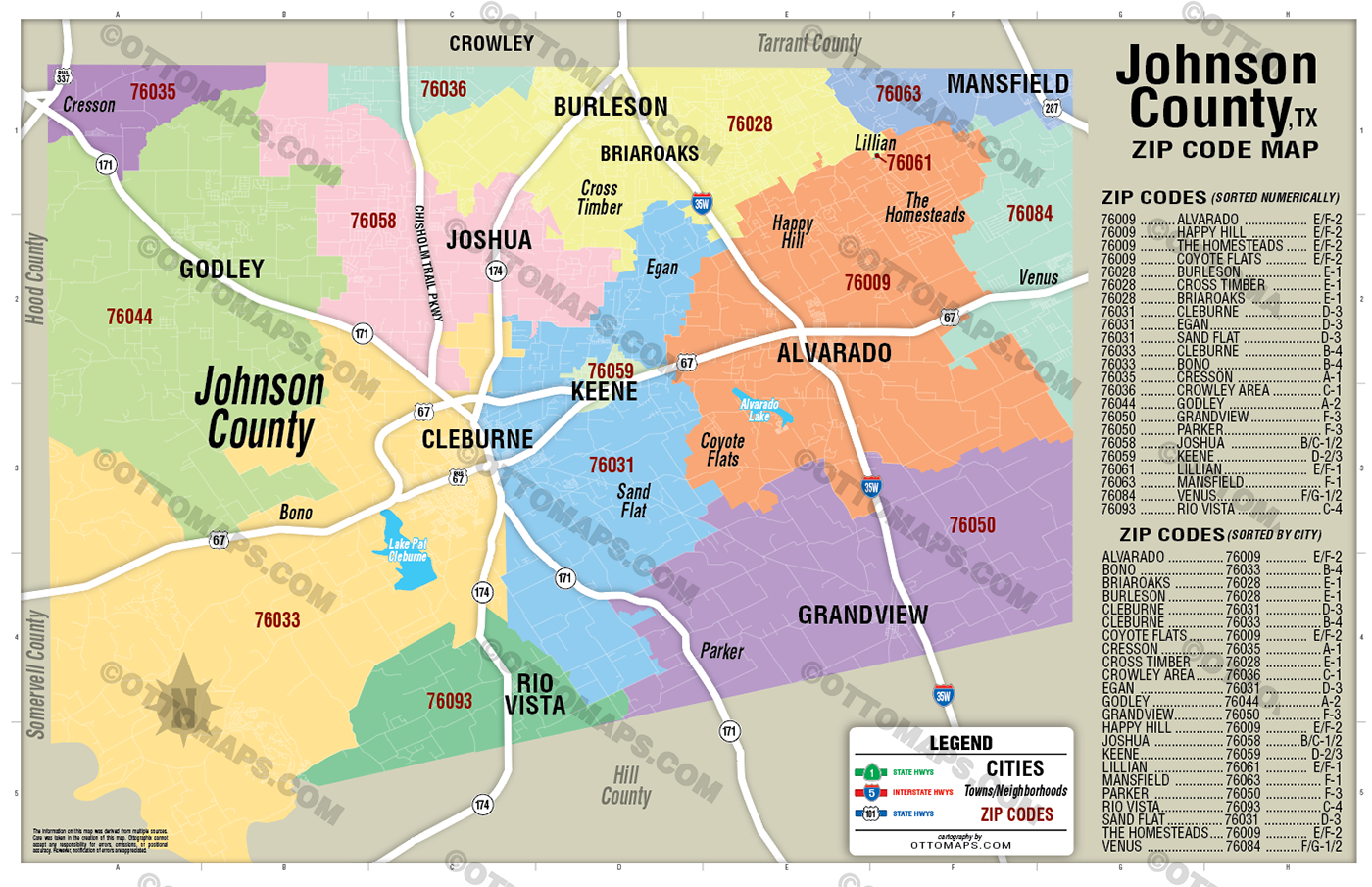 Johnson County, TX Zip Code Map - POSTER PRINTS