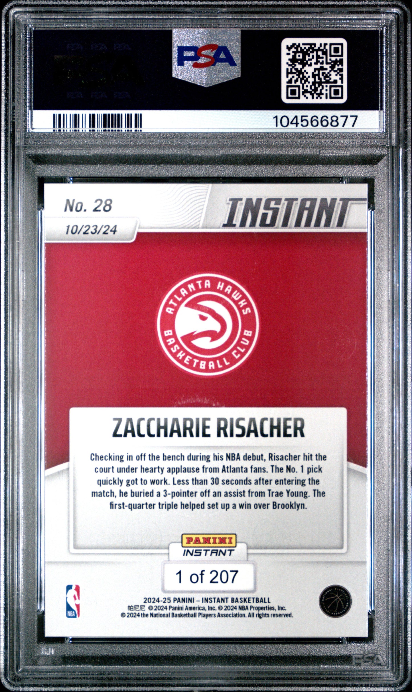 Graded 2024 Panini Instant NBA Zaccharie Risacher #28 Rookie RC Basketball Card PSA 10 Gem Mint
