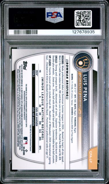 Graded 2025 Topps Bowman Luis Pena #CPALP Chrome Prospects Autograph Rookie RC Baseball Card PSA 9 Mint - Golden Apple Comics