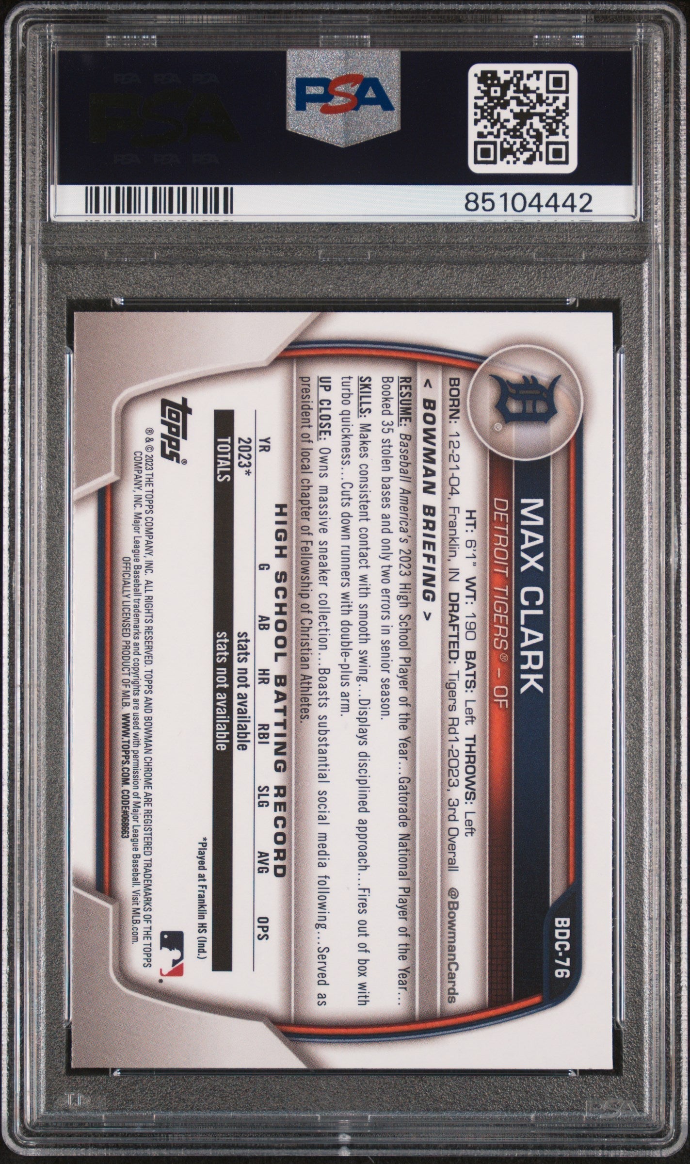 Graded 2023 Topps Bowman Draft Max Clark #BDC76 Chrome Rookie RC Baseball Card PSA 10 Gem Mint