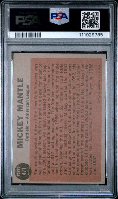 Graded 1962 Topps All Star Mickey Mantle #471 Baseball Card PSA 4 VG-EX - Golden Apple Comics