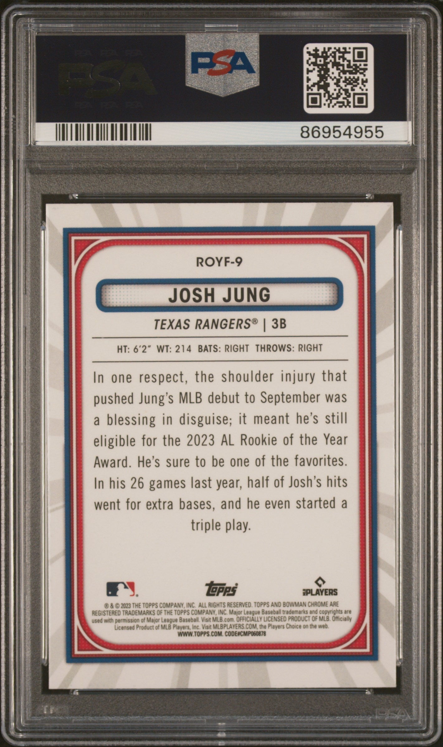 Graded 2023 Topps Bowman M/B Josh Jung #9 Chrome ROY Favorites Rookie RC Baseball Card PSA 10 Gem Mint - Golden Apple Comics