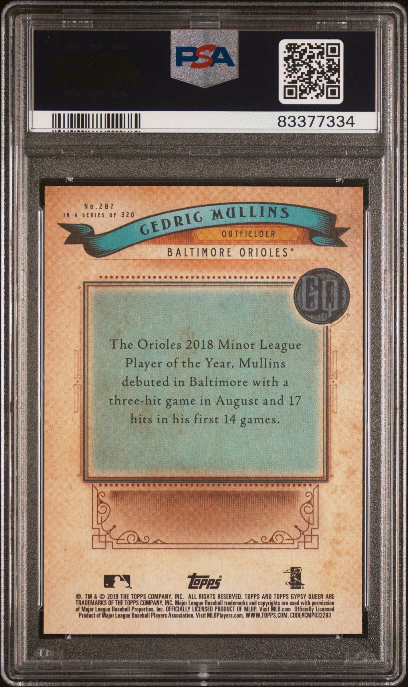 Graded 2019 Topps Gypsy Queen Cedric Mullins #287 Missing Nameplate Rookie RC Baseball Card PSA 10 Gem Mint