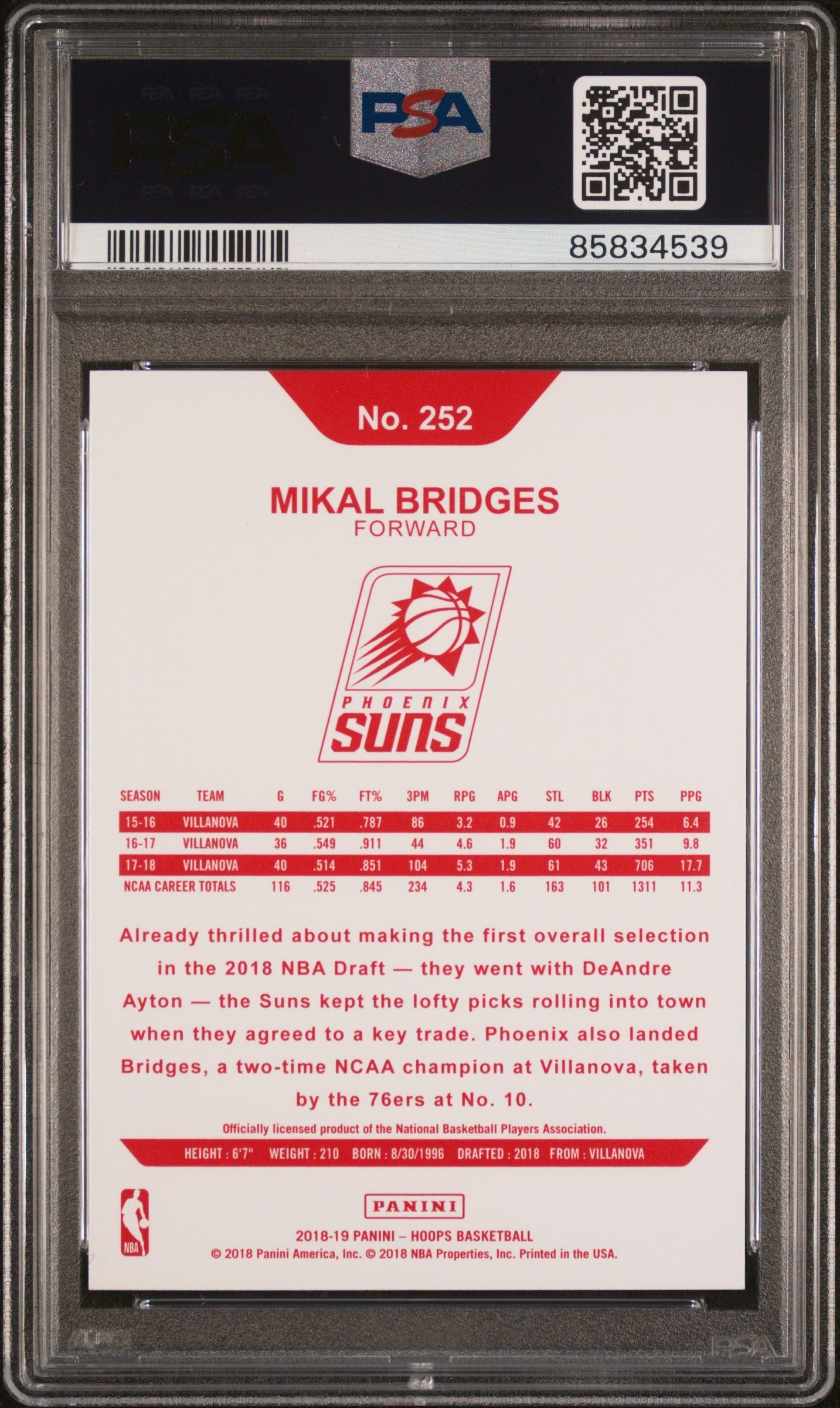 Graded 2018 Panini Hoops Mikal Bridges #252 Rookie RC Basketball Card PSA 10 Gem Mint