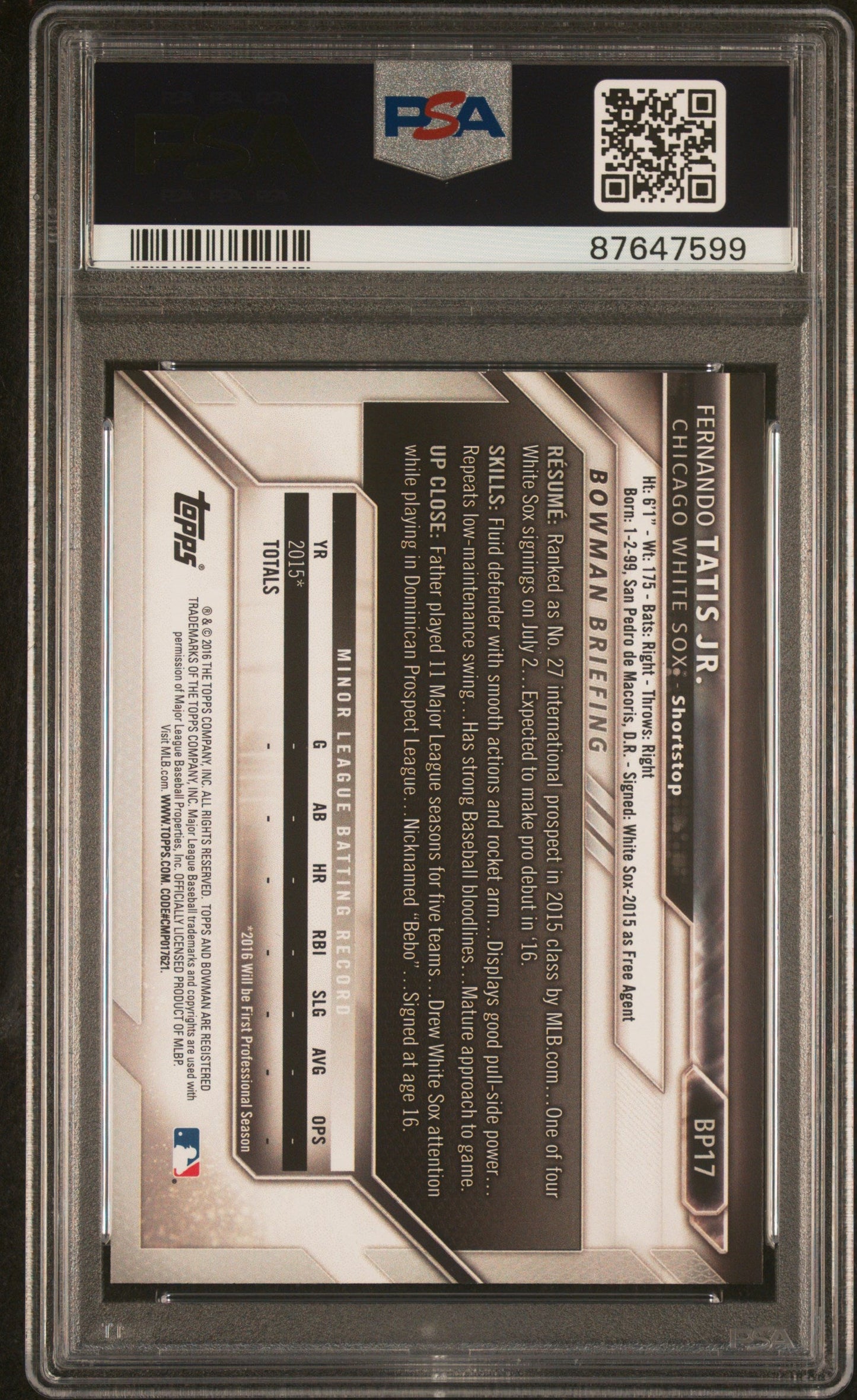 Graded 2016 Topps Bowman Prospects Fernando Tatis Jr. #BP17 Rookie RC Baseball Card PSA 10 Gem Mint