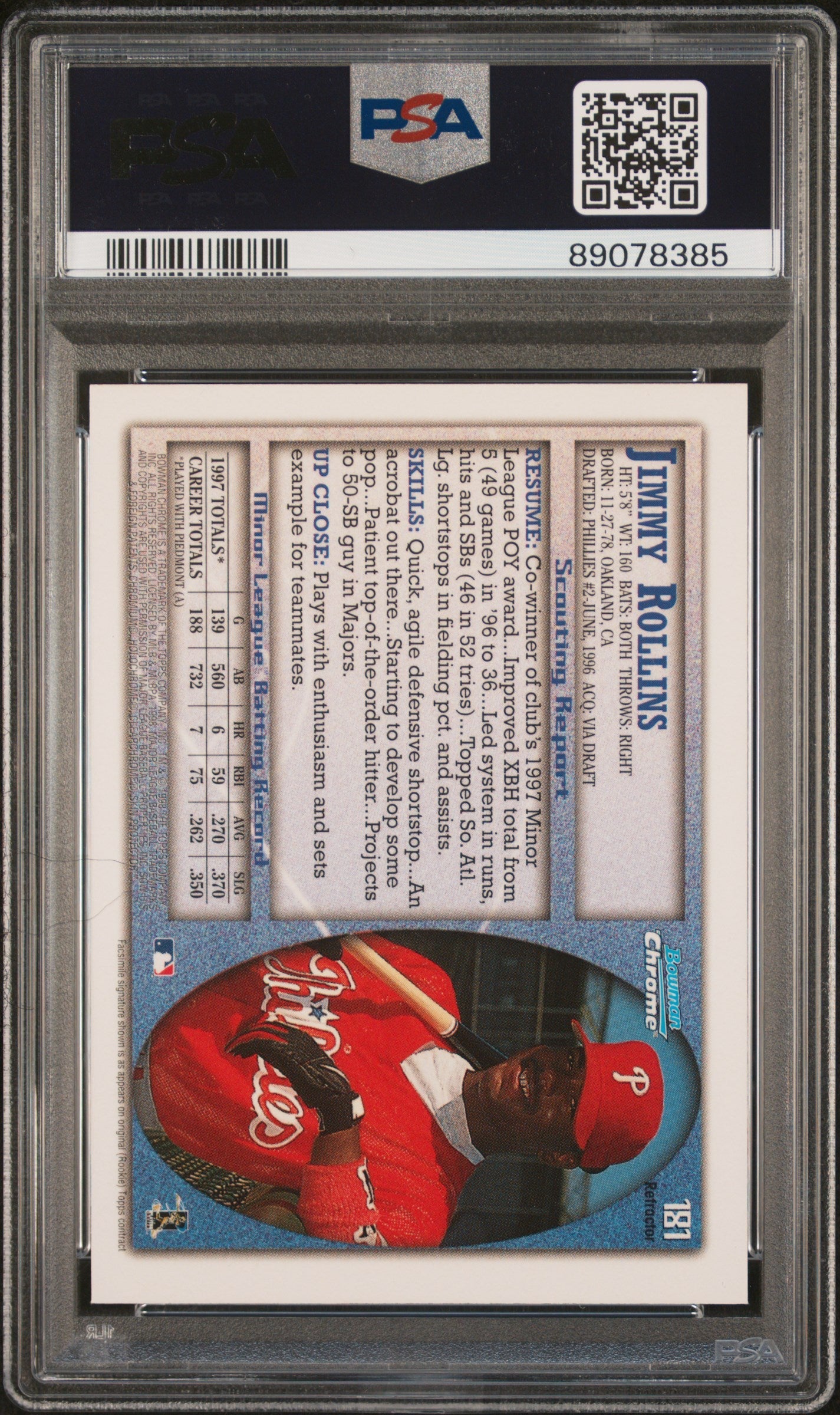 Graded 1998 Topps Bowman Chrome Jimmy Rollins #181 Refractor Rookie RC Baseball Card PSA 10 Gem Mint