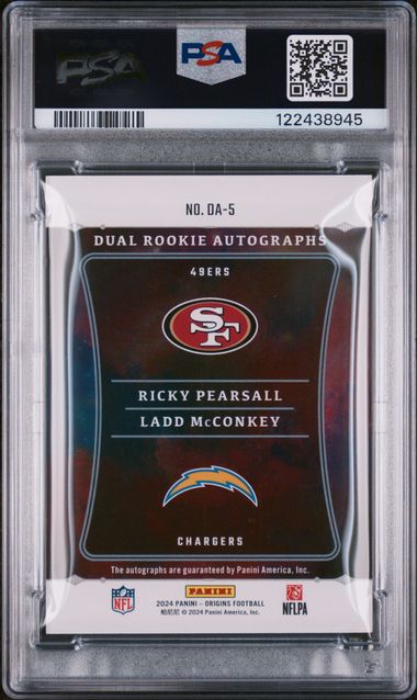 Graded 2024 Panini Origins Ricky Pearsall Ladd McConkey #DA5 14/100 Dual Rookie Autographs Rookie RC Football Card PSA 10 Gem Mint