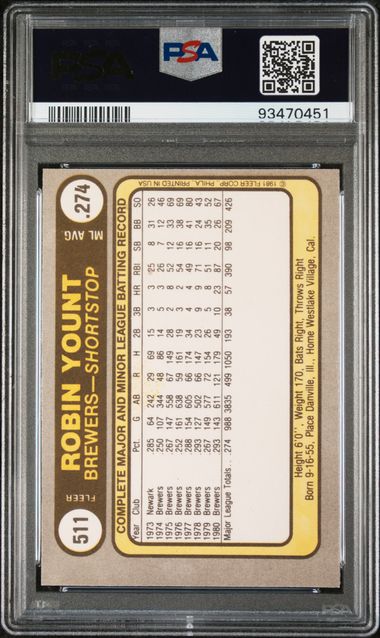 Graded 1981 Fleer Robin Yount #511 Baseball Card PSA 9 Mint