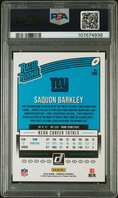 Graded 2018 Panini Donruss Saquon Barkley #306 Rookie RC Football Card PSA 9 Mint