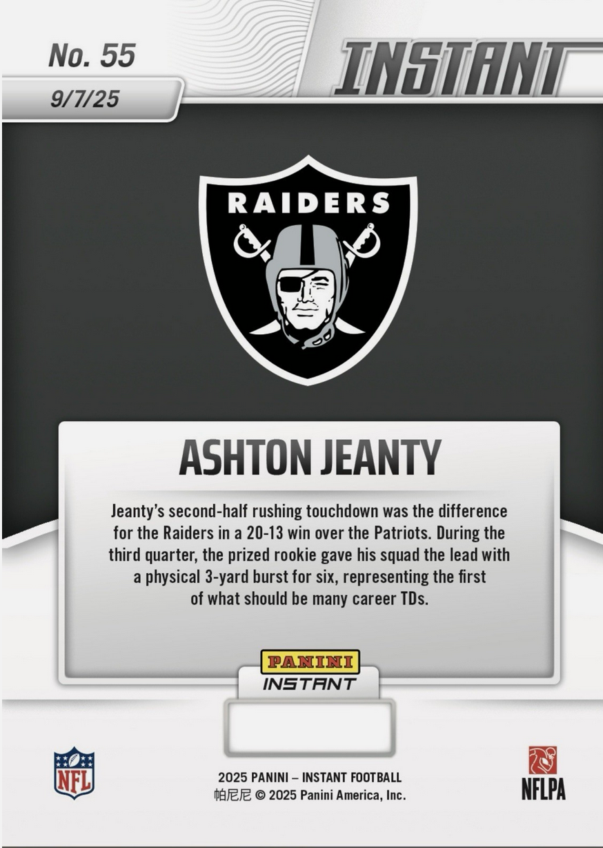 2025 Panini Instant NFL Ashton Jeanty #55 Auto /99 Las Vegas Raiders Rookie RC Football Card