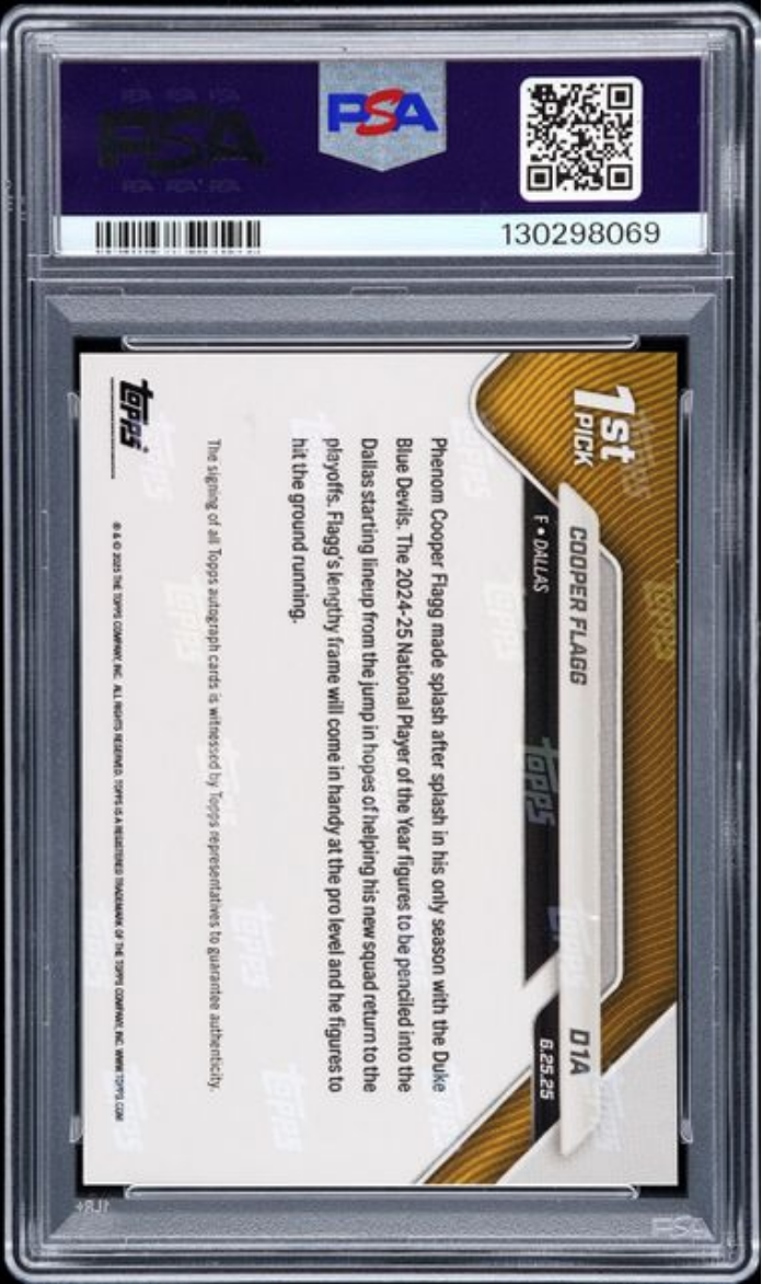 Graded 2025 Topps Now Cooper Flagg #D1A Draft Auto Orange Foil /25 Rookie RC Basketball Card PSA 9 Mint PSA 10 Auto Gem Mint
