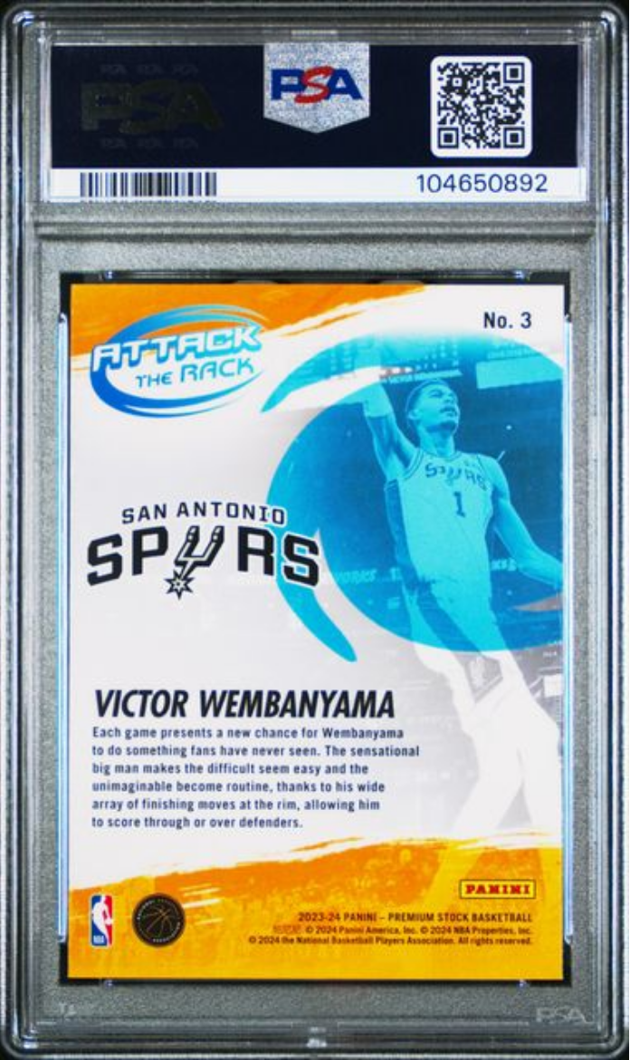 Graded 2023 Panini NBA Hoops Premium Stock Victor Wembanyama #3 Attack The Rack Rookie RC Basketball Card PSA 10 Gem Mint