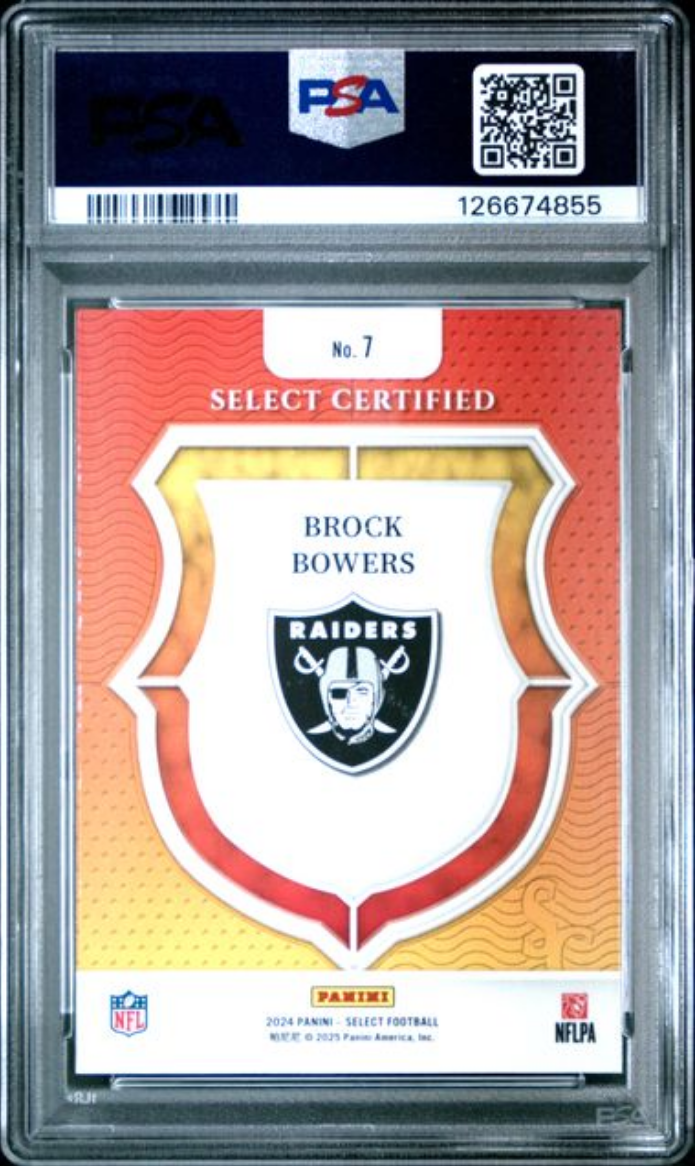 Graded 2024 Panini Select Brock Bowers #7 Select Certified Rookies Rookie RC Football Card PSA 10 Gem Mint - Golden Apple Comics