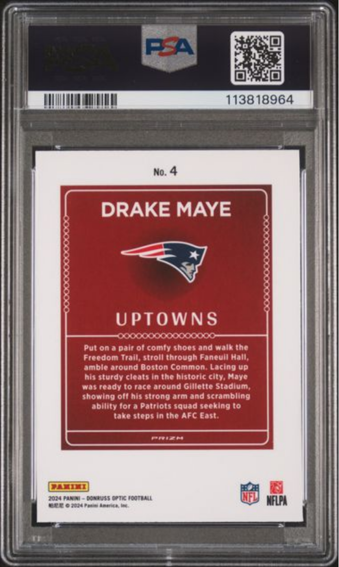 Graded 2024 Panini Donruss Optic Drake Maye #4 Uptowns Rookie RC Football Card PSA 10 Gem Mint - Golden Apple Comics