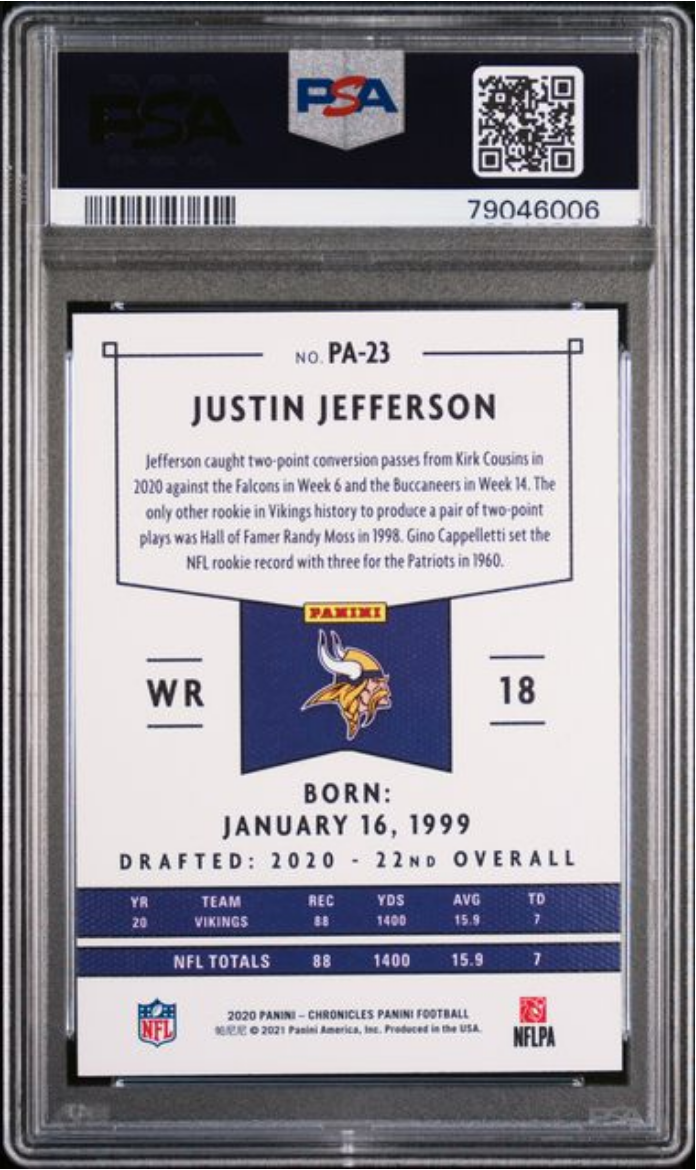 Graded 2020 Panini Chronicles Justin Jefferson #PA23 Panini Rookie RC Football Card PSA 10 Gem Mint - Golden Apple Comics