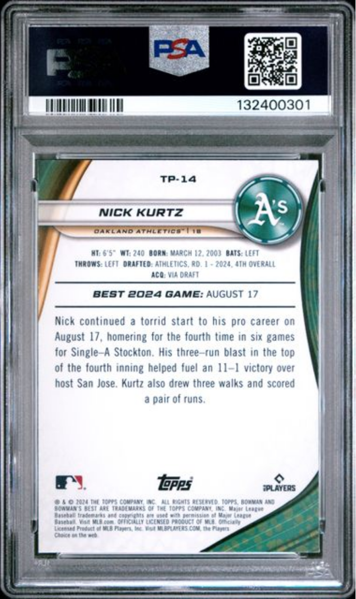 Graded 2024 Topps Bowmans Best Nick Kurtz #TP14 Top Prospects Rookie RC Baseball Card PSA 10 Gem Mint - Golden Apple Comics