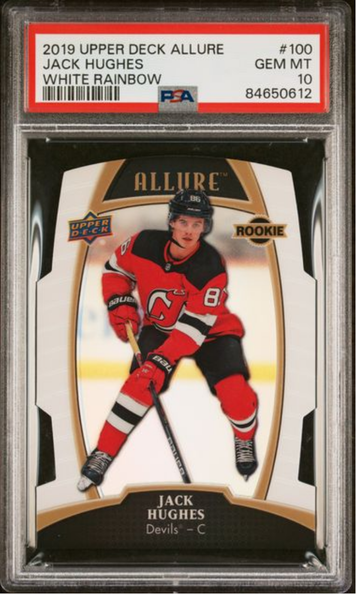graded hockey cards Graded 2019 Upper Deck Allure Jack Hughes #100 White Rainbow Rookie RC