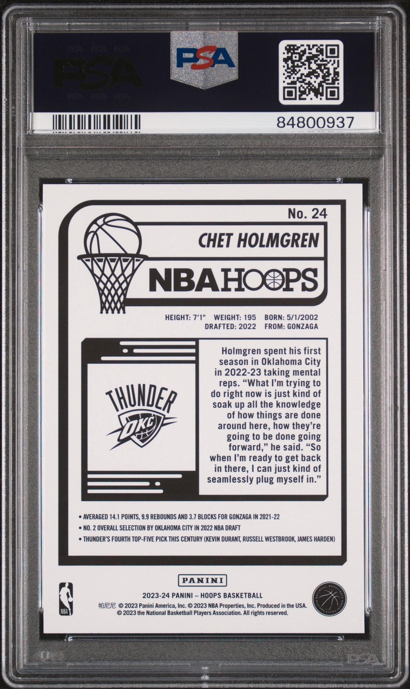 Graded 2023 Panini NBA Hoops Chet Holmgren #24 Basketball Card PSA 10 Gem Mint