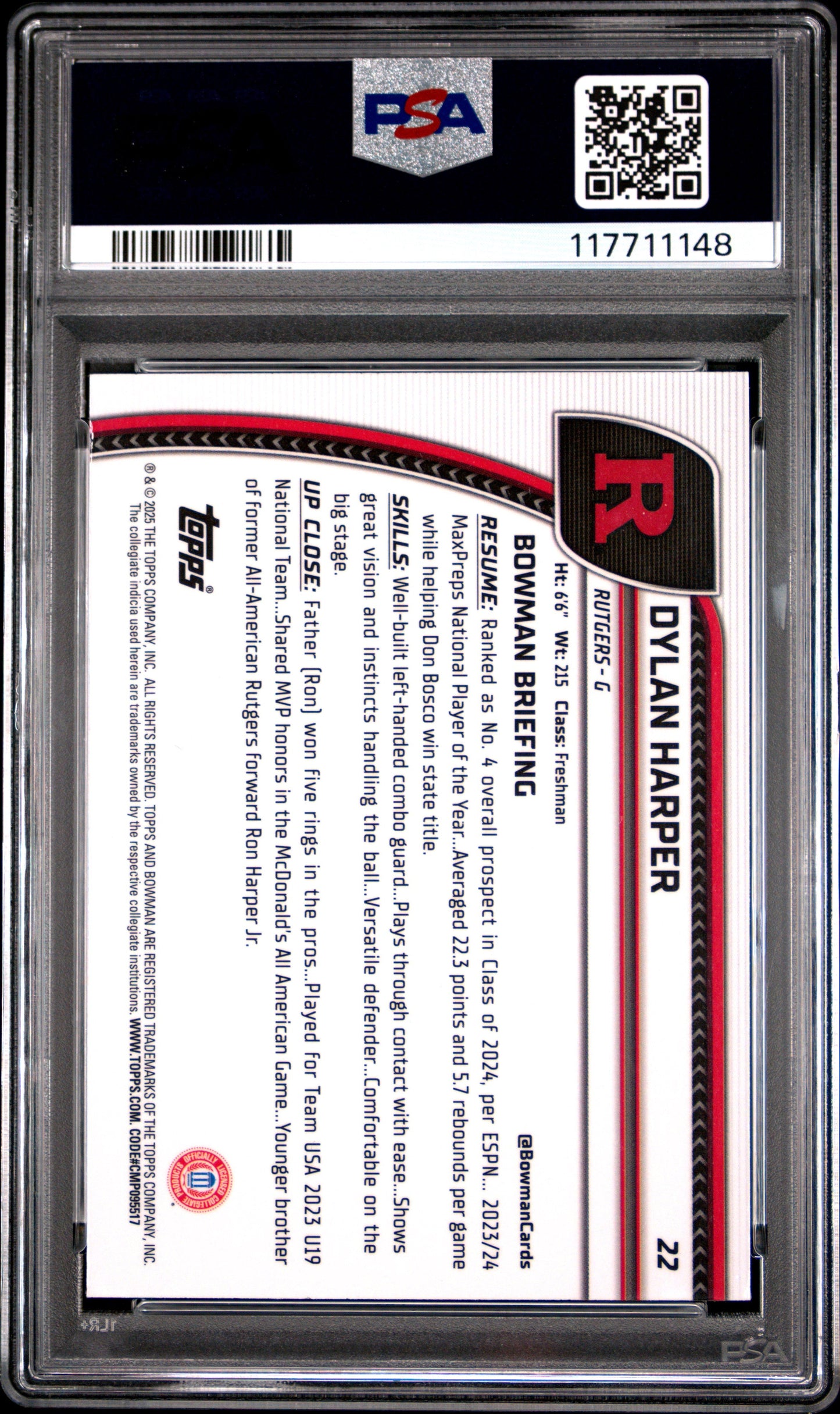Graded 2024 Topps Bowman U Chrome Dylan Harper #22 Rookie RC Basketball Card PSA 10 Gem Mint