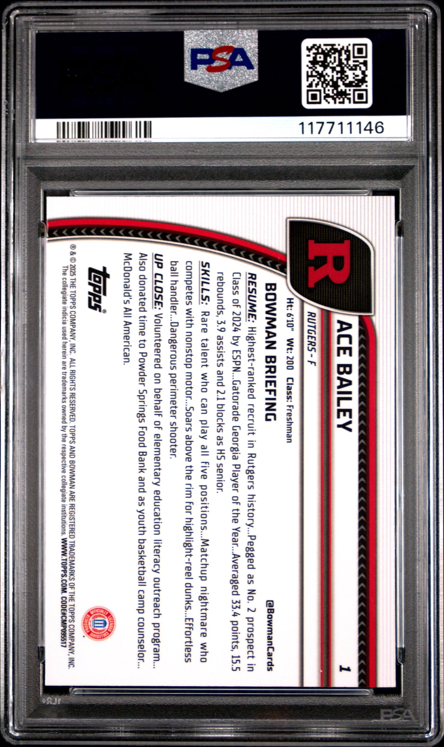 Graded 2024 Topps Bowman U Chrome Ace Bailey #1 Rookie RC Basketball Card PSA 10 Gem Mint