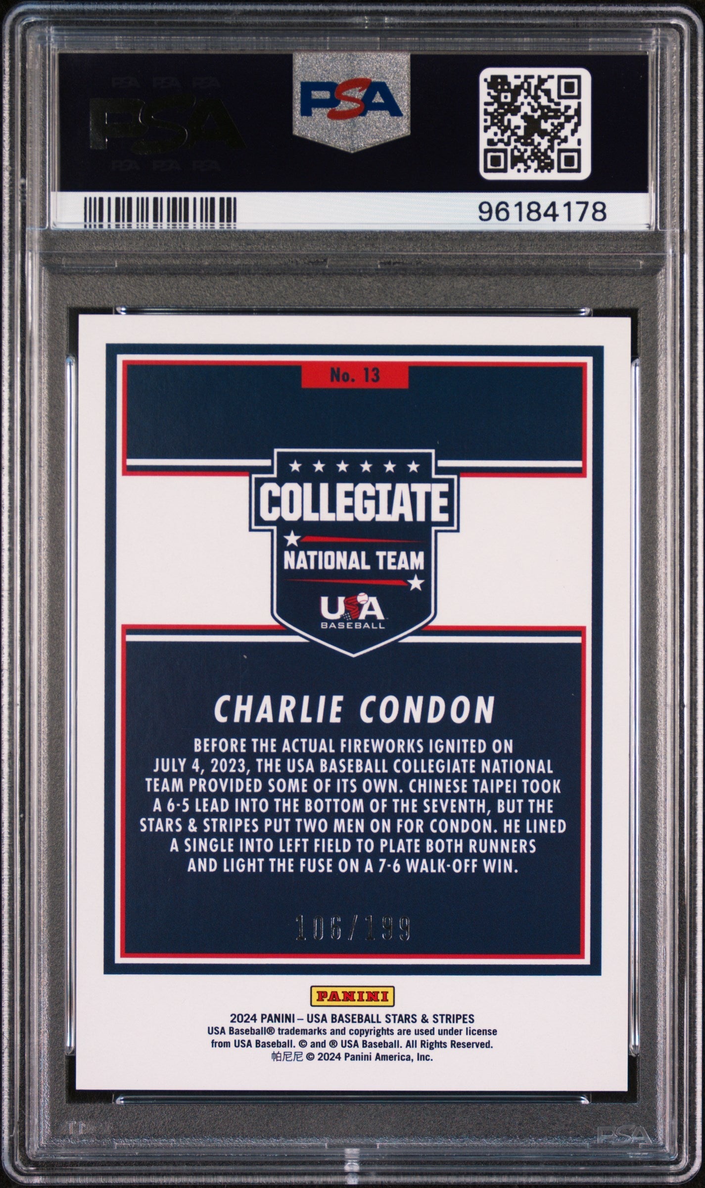 Graded 2024 Panini Stars & Stripes USA Charlie Condon #13 /199 Rookie RC Baseball Card PSA 10 Gem Mint - Golden Apple Comics