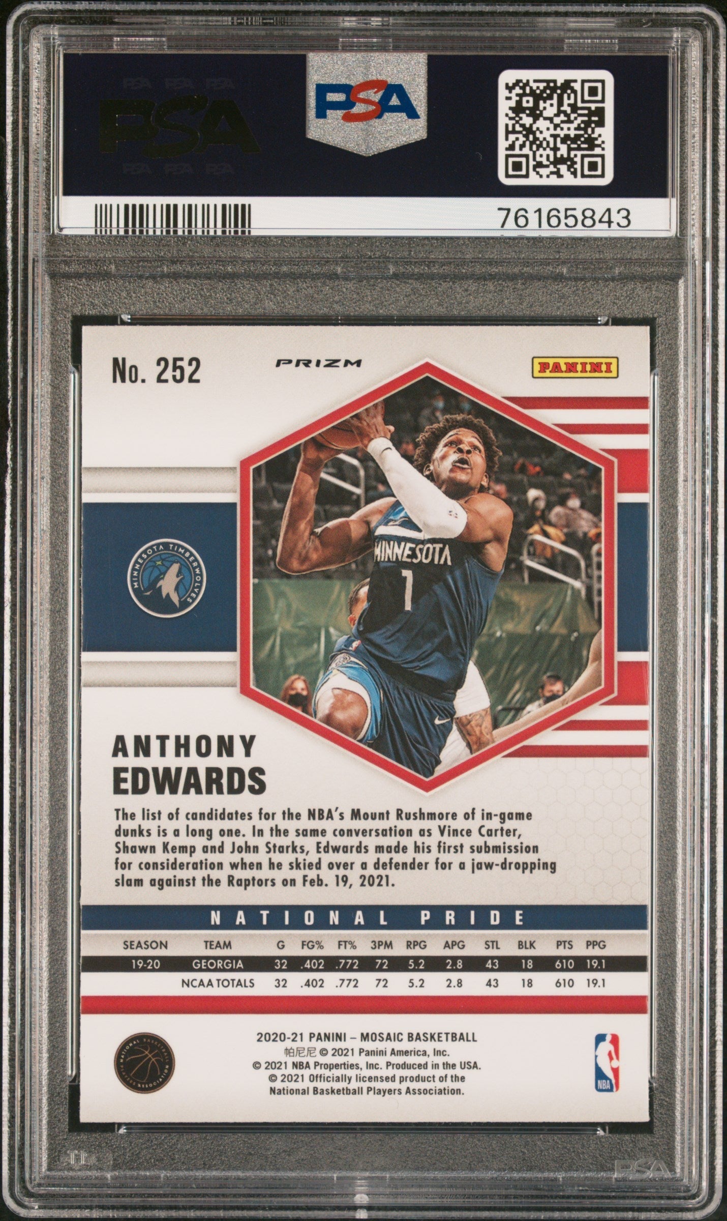 Graded 2020 Panini Mosaic Anthony Edwards #252 Red Wave Rookie RC Basketball Card PSA 10 Gem Mint
