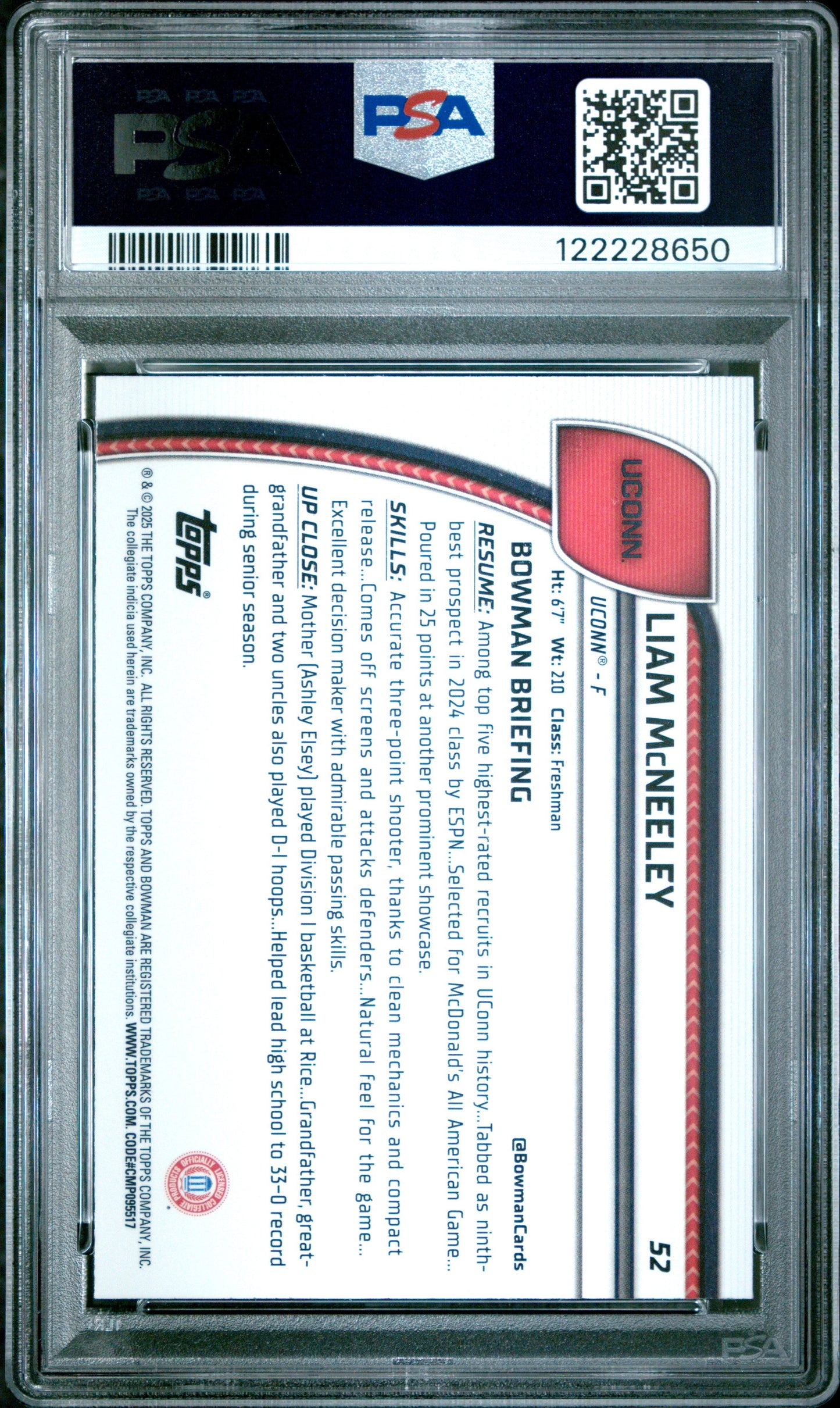 Graded 2024 Topps Bowman Chrome U Liam McNeeley #52 Rookie RC Basketball Card PSA 10 Gem Mint