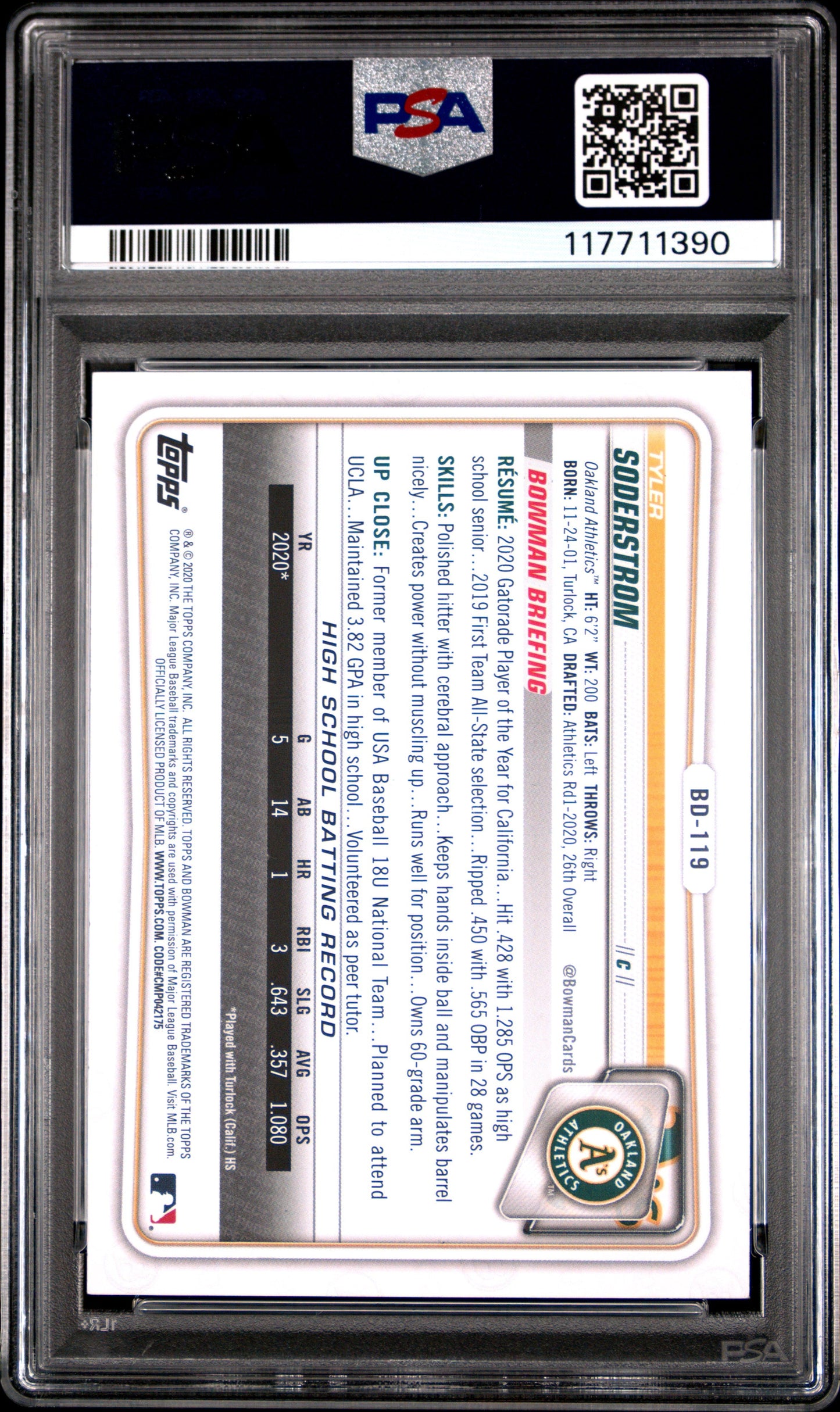 Graded 2020 Topps Bowman Draft Tyler Soderstrom #BD119 Rookie RC Baseball Card PSA 8 Near Mint