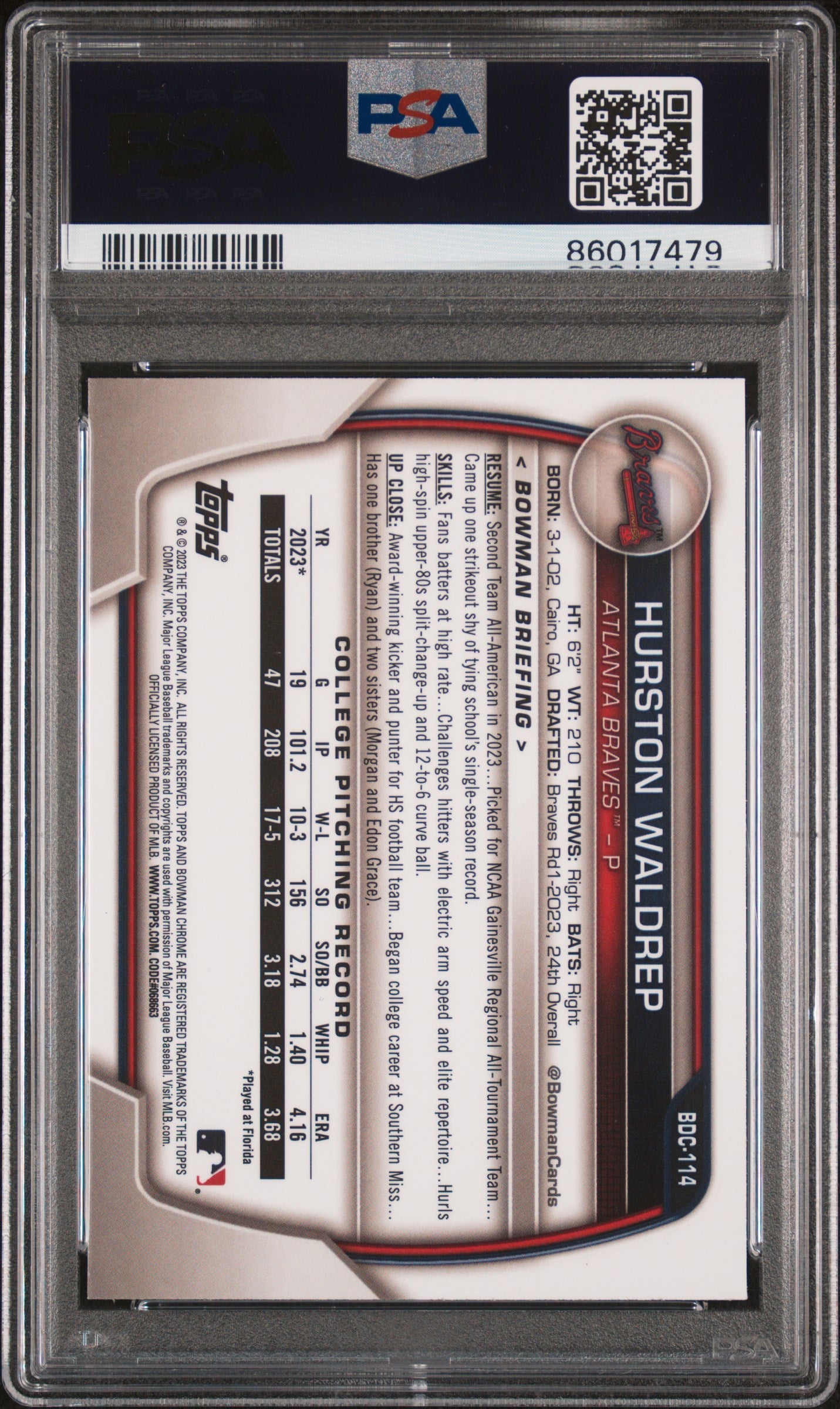 Graded 2023 Topps Bowman Draft Hurston Waldrep #BDC114 Chrome Purple /250 Rookie RC Baseball Card PSA 10 Gem Mint