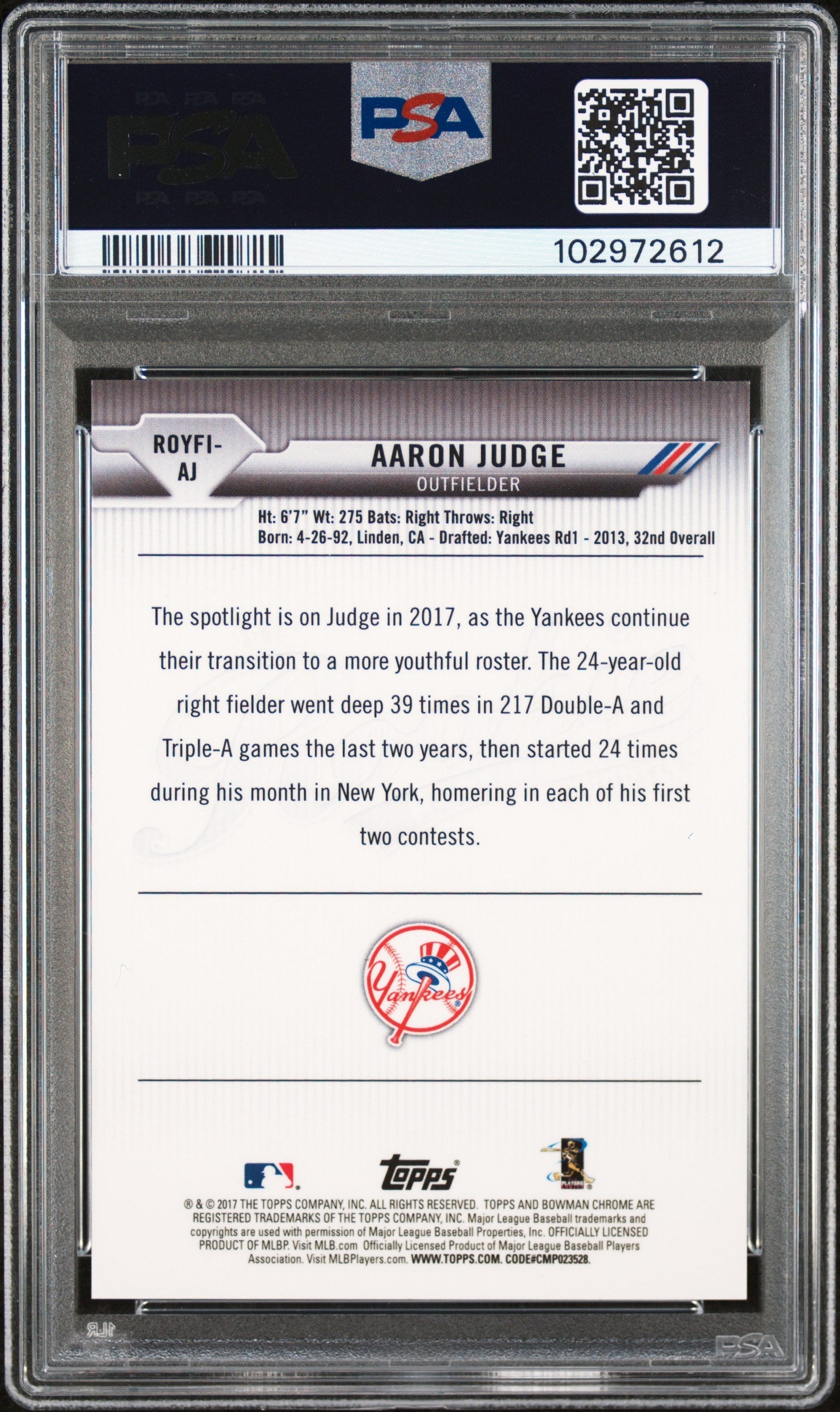 Graded 2017 Topps Bowman Mega Box Aaron Judge #AJ Chrome ROY Favorites Rookie RC Baseball Card PSA 10 Gem Mint