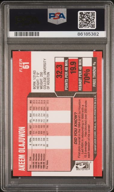 Graded 1989 Fleer Hakeem Akeem Olajuwon #61 Basketball Card PSA 10 Gem Mint