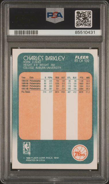 Graded 1988 Fleer Charles Barkley #85 Basketball Card PSA 9 Mint