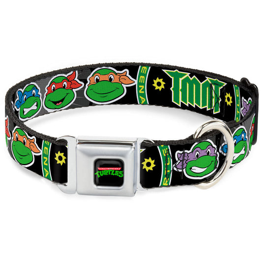 Classic TEENAGE MUTANT NINJA TURTLES Logo Seatbelt Buckle Collar - Classic Teenage Mutant Ninja Turtles Group Faces/TMNT/Ninja Star Black/Green