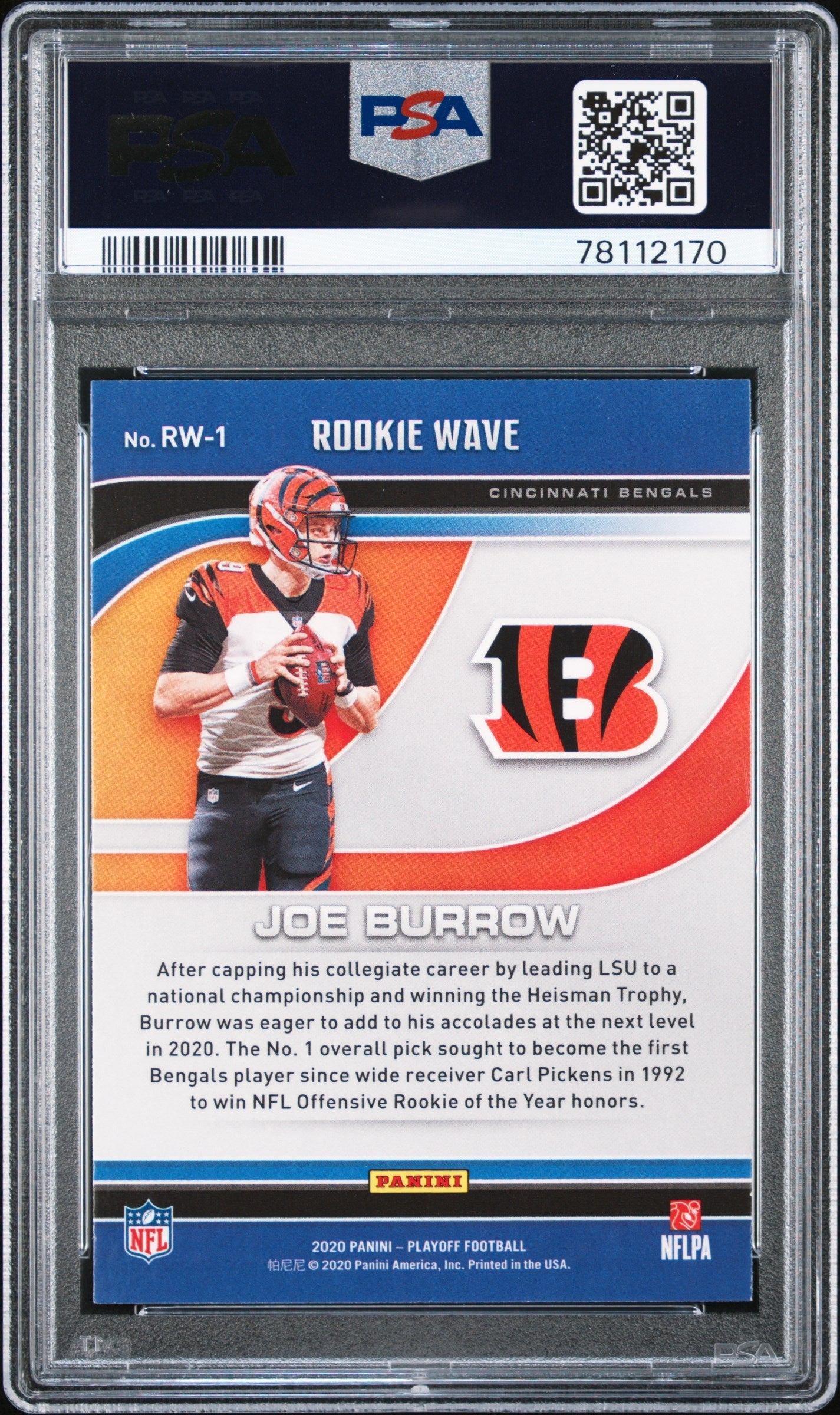 Graded 2020 Panini Playoff Joe Burrow #RW1 Rookie Wave Rookie RC Football Card PSA 10 Gem Mint
