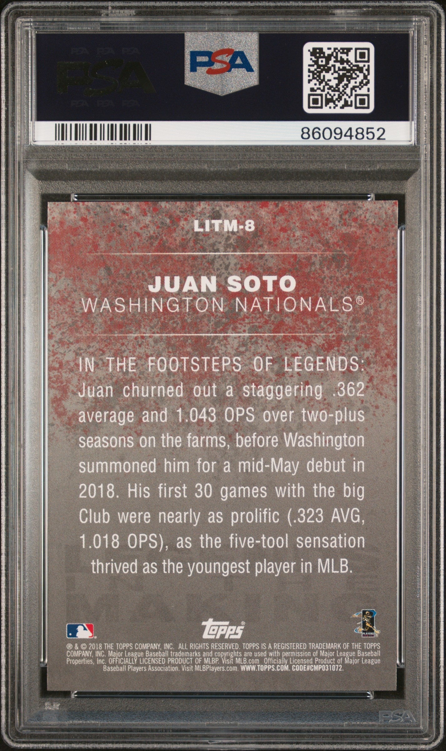 Graded 2018 Topps Update Juan Soto #LITM8 Legends In The Making Black Rookie RC Baseball Card PSA 10 Gem Mint