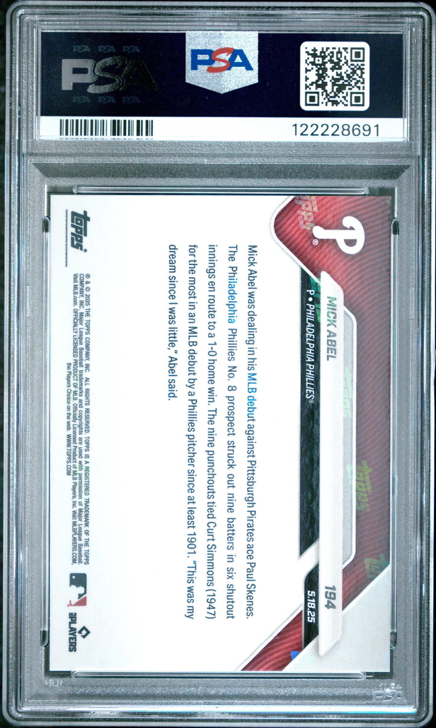 Graded 2025 Topps Now Mick Abel #194 Gold Foil /50 Rookie Baseball Card PSA 10 Gem Mint - Golden Apple Comics
